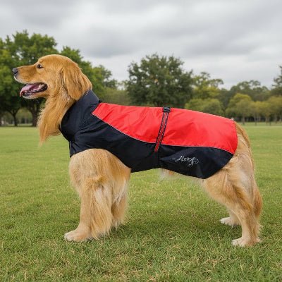 Manteau chien impermeable rouge sur golden