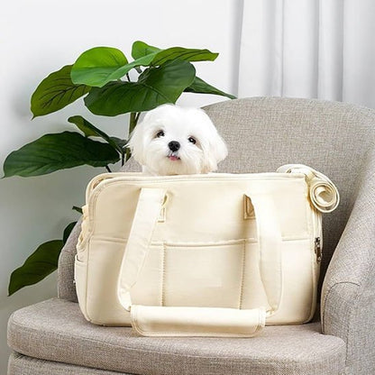 Sac de transport pour chien  beige avec bichon